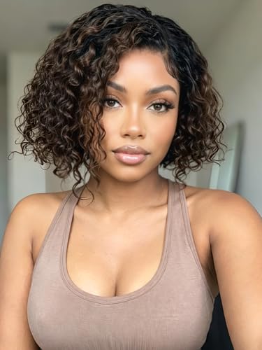 Image of KLAIYI Bye Bye Slip Ombre Chestnut Brown Bob Curly Glueless Precut 7x5 Lace Front Wigs Human Hair Side Part Drawstring Pre Plucked Bleached Knots 30S Ready to Put On and Go Wig with Dark Roots 8Inch