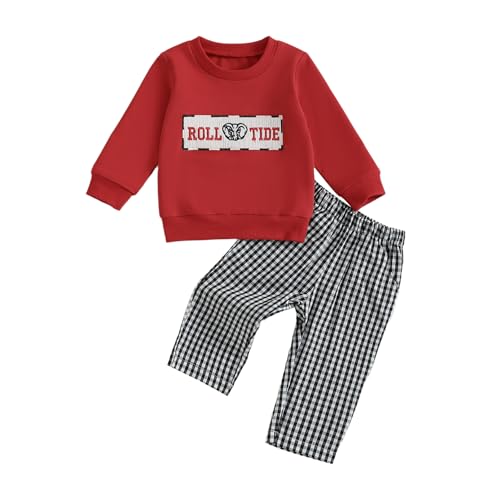 Toddler Baby Boy Football Outfit Tiger Elephant Embroidery Crewneck Sweatshirt Plaid Pants Set Fall Winter Clothes