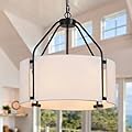 Fanousek Drum Chandeliers, 18'' Modern Farmhouse Pendant Light Fixture with White Linen Fabric Shade, Black Round Adjustable Hanging Lights for Dining Room Bedroom Kitchen Living Room Foyer Entryway
