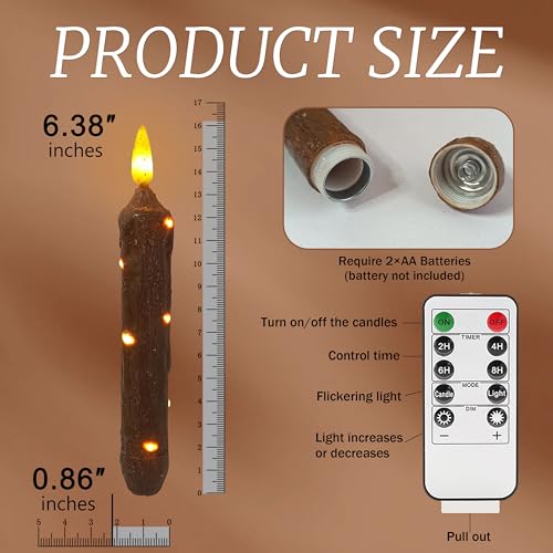 Image of 6.5 Inches Primitive Real Wax LED Flameless Short Candlesticks Hand Dipped Battery Operated Taper Candles with Timer Remote Candles for Vintage Rustic Home Decor, Pack of 2(Brown)