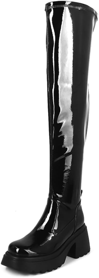 関税負担なし☆[イノヤ] 厚底ブーツ ニーハイブーツ レディース 前厚 ラウンドトゥ サイハイブーツ きれいめ 美脚 エナメル 牛革 痛くない 歩