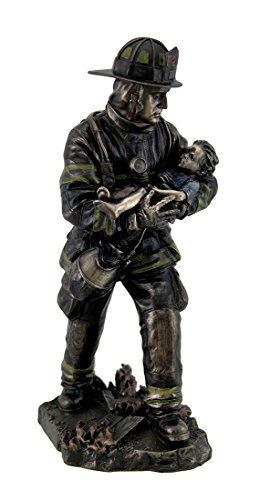 Veronese Design Firefighter Carrying Child Metallic Bronze Statue 11 Inches Tall