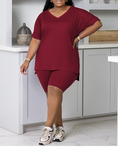 PINSV Women's Plus Size 2 Piece Outfits Sweatsuits Tracksuit Loungewear Short Sets Burgundy 3XL
