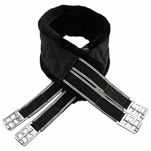 Horse Fleece Lined Padded Girth Synthetic Saddle Jumping Girth Equine Elasticated Ends Soft Faux Fur/Mink/Fleece lined (BLACK, 50'')