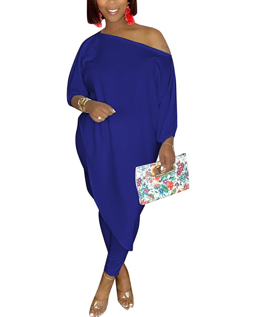 WOKANSE Women's Solid 3/4 Sleeve Tracksuits Set One Off Shoulder Asymmetric Top Skinny Long Pant 2 Piece Loungewear