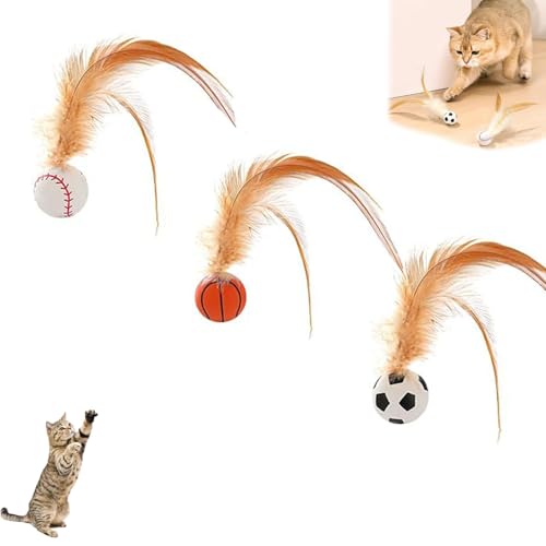 BOVVSKY 3PCS Interactive Feather Ball Toy Set for Cats, Cat Feather Balls Toy, Indoor Bouncy Ball Cat Toys