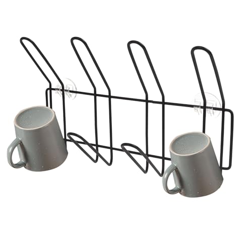 Srvillg Self Adhesive Mug Holder, Black Glass Cup Drying Rack, Wall Mounted Cup Holder with 8 Hooks for Kitchen Dining Room (Black)