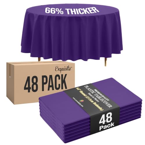 Image of Exquisite Purple Round Tablecloth 84 inch - 48 Pack | Plastic Tablecloth, Disposable Table Covers Round for Parties, Weddings, Holidays & Party Supplies