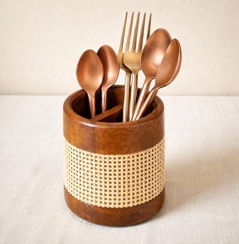 Image of Wooden Cutlery Holder for Kitchen Counter (Round Cutlery) | Vervique Emporium Wooden Cutlery Holder with Removable Compartments
