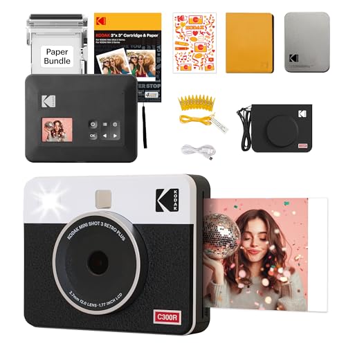 KODAK Mini Shot 3 Retro 3x3” Instant Digital Camera & Photo Printer, 38 Sheets Gift Bundle, 2-in-1 Portable Print Camera, Bluetooth Smartphone Printer for iOS & Android, 4PASS Dye Sublimation, White
