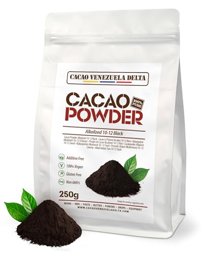 Cacao V Delta Cacao Puro en Polvo Alcalinizado Negro 250g - Polvo 10/12 Sin Azúcar, Sin Gluten, Sin Alérgenos, Vegano y No GMO - Antioxidante con Flavonoides para una alimentación Óptima