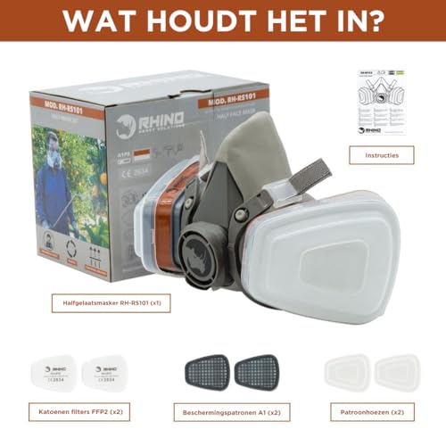 RHINO Gezichtshoes voor verf, stof, deeltjes, chemicaliën, polijstmachine, organische stoom, pollen en chemicaliën, met wattenfilters - Afbeelding 3
