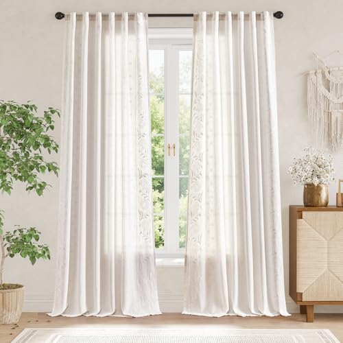 Image of jinchan White Floral Linen Curtains for Living Room 96 inch Back Tab 2 Panels