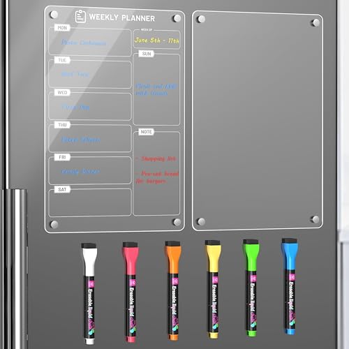 Langaelex Lot de 2 Tableaux Magnétiques Frigo (1 Imprimer Planning Semaine + 1 Vierge Transparent) - 30x20 cm - Avec Marqueur à Craie Liquide 6 Couleurs -...