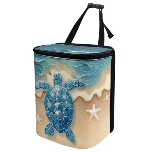 Image of Talayituse Turtle Starfish Beach Print Car Trash Can Portable Auto Garbage Bin Multifunctional Vehicle Interior Accessories with Adjustable Straps Universal Fit Truck SUV Sedan