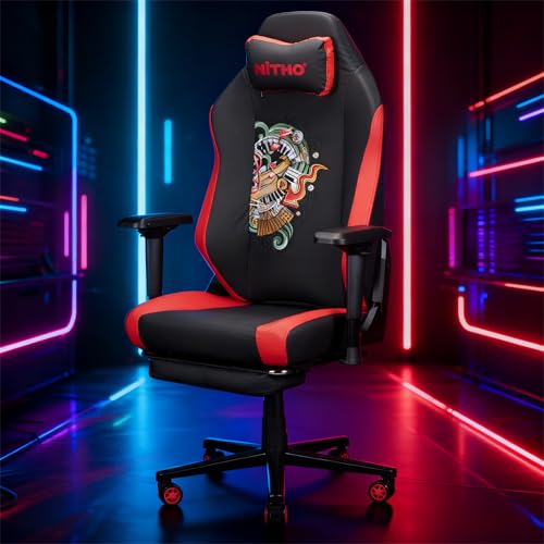 Image of NiTHO FORGE Gaming Office Chair | Ergonomic Reclining Computer Chair with Magnetic Headrest, Foldable Footrest, Adjustable Lumbar Support, 4D Armrests, Swivel Chair for Work or Study, Black & Red
