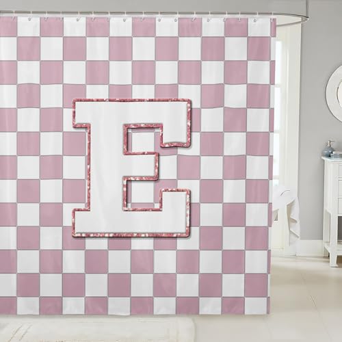Image of Erosebridal Pink Initial E Shower Curtain 72 inch Wx72 L Kawaii Plaid Checkered Bathroom Curtain Cute Personalized Monogram Bathroom Accessories for Kids Girls,Fashion Grids Gingham Shower Decor