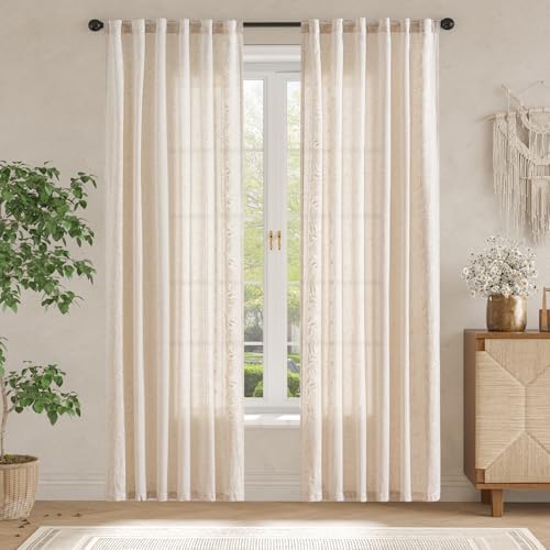 Image of jinchan Ivory Floral Linen Curtains for Living Room 84 inch Back Tab 2 Panels
