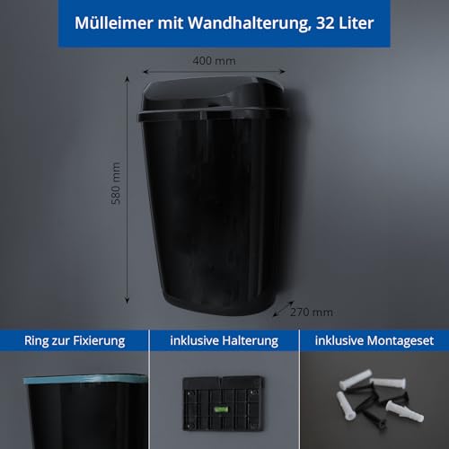 Hypafol Mülleimer 32L Schwarz glänzend– Abfalleimer mit Müllbeutelring –Wand- & Standmodell – Hochwertiger Kunststoff – Bild 4