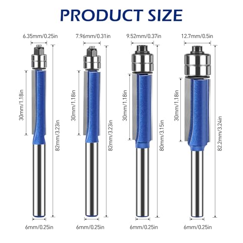 4 Pcs 1/4 Inch Shank Flush Trim Router Bit Set, Cutting Diameter 1/4" 5/16" 3/8" 1/2", Professional Woodworking Milling Cutter Tools with Bearing 2 4 Pcs 1/4 Inch Shank Flush Trim Router Bit Set, Cutting Diameter 1/4" 5/16" 3/8" 1/2", Professional Woodworking Milling Cutter Tools with Bearing - Image 2