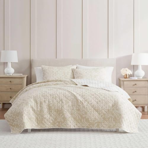 Image of Martha Stewart - Twin Quilt Set, 100% Cotton Reversible Bedding Set, Incredibly Soft Feel for Year Round Comfort, 2 Piece Bed Set with Matching Pillowcase (Layered Branches Beige)