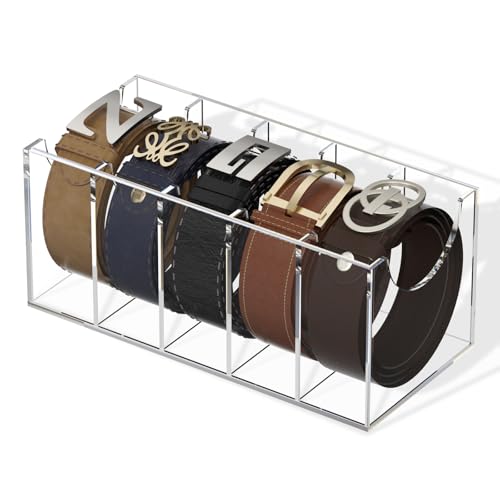 FEMELI Organizador de cinturón, soporte de almacenamiento de acrílico con 5 compartimentos, vitrina transparente para corbata de armario y pajarita