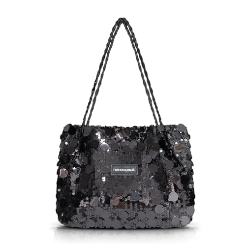 AfitLulu Grande Lentejuelas Tote Bag Brillante Bolso Bandolera Mujer con Cremallera y Asa de Cuero, Moda Bolsos Mujer Bolso Shopper bolsas de Viaje para Fiestas Citas Banquetes (Negro)