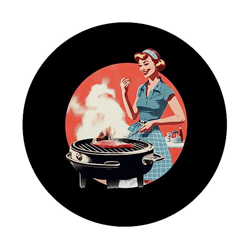 Housewife grilling - fiftees retro design - grillqueen PopSockets Swappable PopGrip, Black - Image 3
