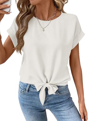 EVALESS White Blouse for Women Dressy Casual Short Sleeve Tie Front T Shirts Summer Business Outfits 2026 XL