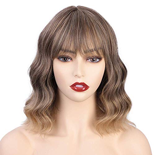 Isaic Ombre Wigs for Women Synthetic Bob Wavy Wigs with Bangs Brown Mixed Blonde Color Daily&Party Wig Natural Looking 12"