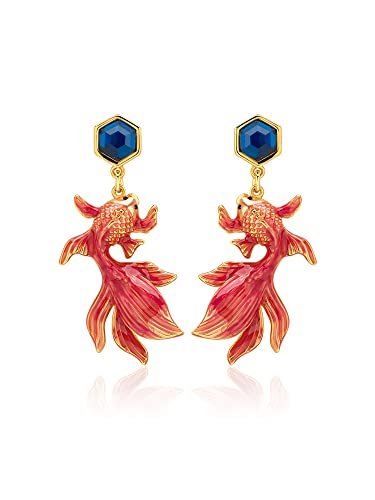 Red Fish Koi And Blue Stone Enamel Dangle Stud Earrings