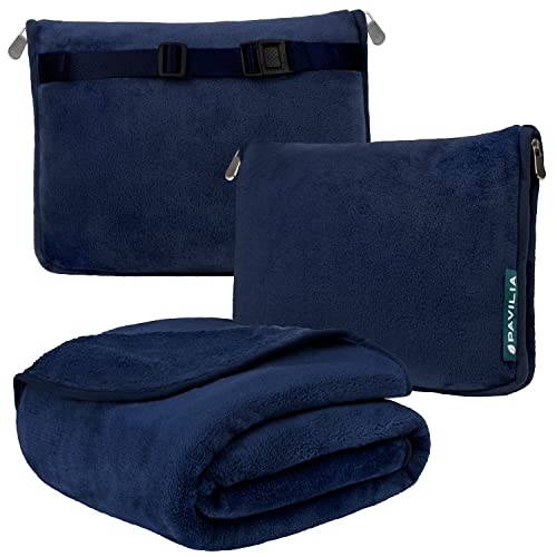PAVILIA Travel Blanket Pillow, Soft Airplane Blanket 2-IN-1 Combo Set, Plane Blanket Compact...