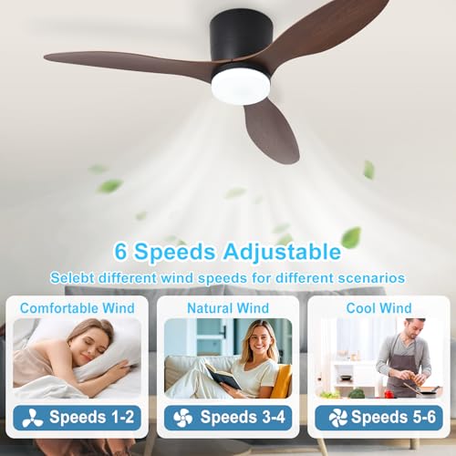 Image of Depuley Flush Mount Ceiling Fan: 42-Inch Black Ceiling Fans with Lights for Bedroom Indoor Outdoor - Low Profile Ceiling Fans with Remote Control 24W 3CCT Dimmable 3 Reversible Walnut Blades 6 Speeds