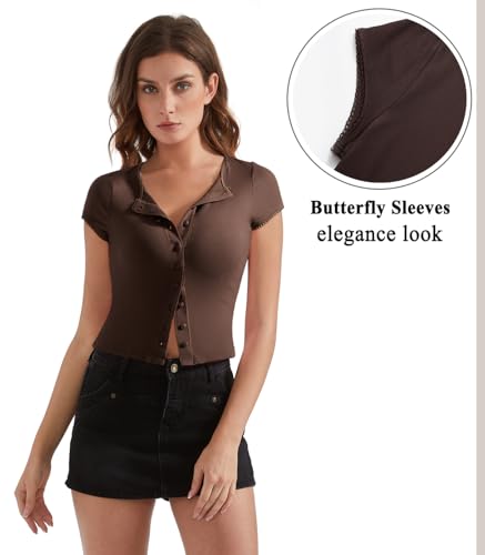 OMKAGI Women Button Down Ribbed Short Sleeve Shirts Fitted Knit Cropped Cardigan Sweaters2