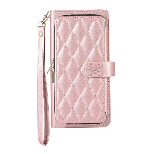 Housse cuir iPhone 17 portefeuille or rose protection intégrale fermeture éclair