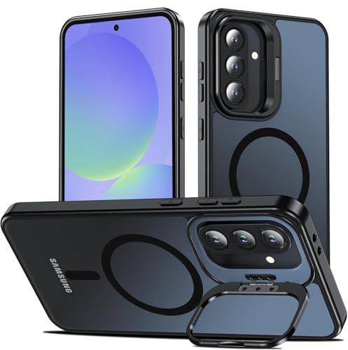 Image of DIZORO Compatible with Samsung Galaxy A37 Case Compatible with Wireless Charging, with Camera Stand, Military Grade Drop Tested,Translucent Hard Back Soft Edge Back Cover (Black)