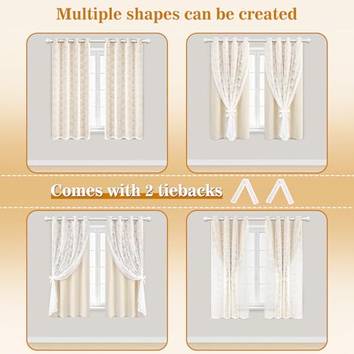 Image of Yinhua Blackout Curtains for Bedroom Double Layer Beige Curtains for Living Room 54 Inch Length 2 Panels Set Kid Curtain with Floral Sheer Overlay, Grommet Drapes with Tiebacks, 52 inch W x 54 inch L