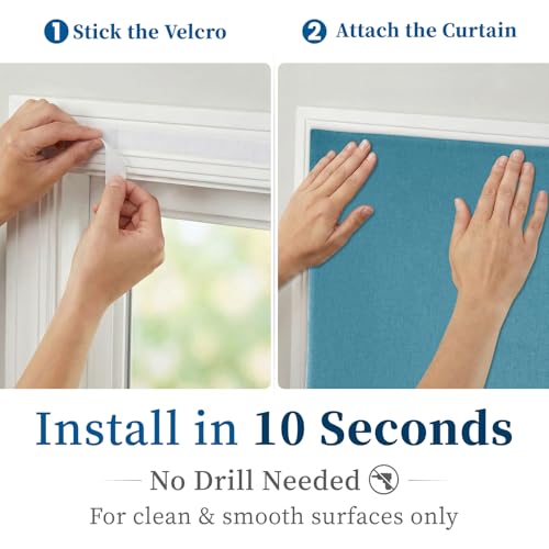 Image of 100% Blackout Magic Tape Stick On Curtains Window Shades Pull Down Blackout Window Cover No Drillng Self Adhesive Curtains No Rod Small Windows, W35 x L60 inch, 1 Panel, Stone Blue
