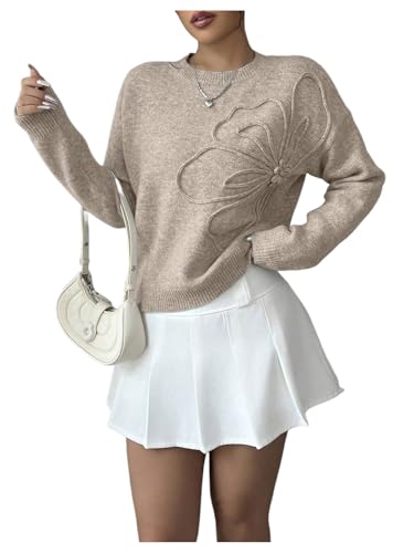Image of RoseSeek Women's 3D Floral Appliques Crewneck Sweaters Long Sleeve Drop Shoulder Pullovers Elegant Knit Tops