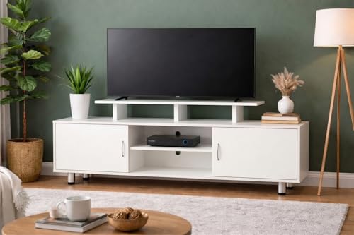 Image of Alpine Willow 6 feet TV Stand Wooden (DIY Assembly) | TV Stand Table for 32-75 Inch TVs | TV Unit for Living Room | TV Entertainment Unit | TV Cabinet with Storage -180x40x65 cm (Frosty White)