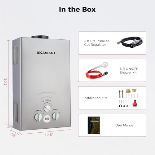 Image of CAMPLUX Portable Tankless Water Heater 55,000 BTU, 2.11 GPM Propane Water Heater for Camping, RV, Outdoor, Battery Operated with Handle, Gray, BW211G