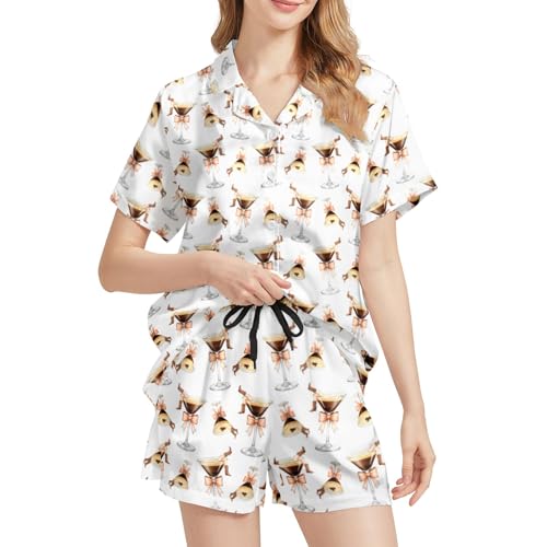 Image of Silk Satin Pajama Set for Women Summer Lounge Pjs Sets 2 Piece Suit Ladies Button Down Tops And Shorts Sleepwear