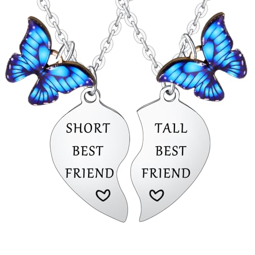 Funny Tall & Short Best Friend Heart Matching Pendant Necklace Set - 2PCs, Butterfly Charm, Perfect for Women - Bestie, Sister, Christmas & Birthday Gifts