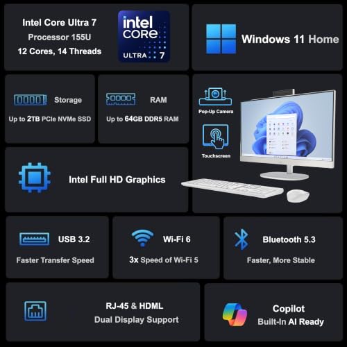 Image of Customizable HP 27 inchFHD Touchscreen All-in-One Business Desktop PC, Intel Core Ultra 7 Up to 4.8GHz, 16GB /32GB /64GB DDR5 RAM, 512GB /1TB /2TB SSD, Webcam, USB-C, Wireless KB&Mouse, Windows11, White
