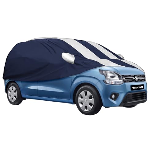 Image of Allextreme MWB5005 Car Body Cover Compatible with Maruti Suzuki Wagon R 19-21 Custom Fit Dustproof UV Heat Resistant Indoor Outdoor Body Protection (Navy Blue & White with Mirror)