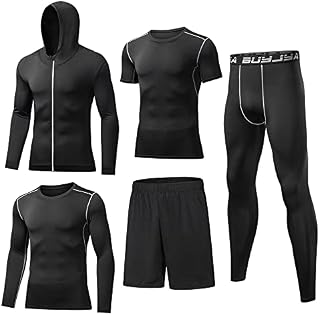 BUYJYA 5Pcs Men's Compression Pants Shirt Top Long Sleeve Jacket Set Suit