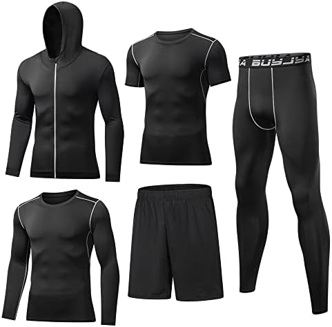 BUYJYA 5Pcs Men's Compression Pants Shirt Top Long Sleeve Jacket Athletic Sets Gym Clothing Mens Workout Valentine's Day Gift Black