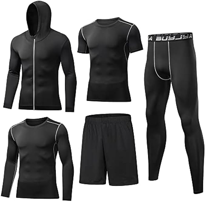 BUYJYA 5Pcs Men's Compression Pants Shirt Top Long Sleeve Jacket Athletic Sets Gym Clothing Mens Workout Valentine's Day gift