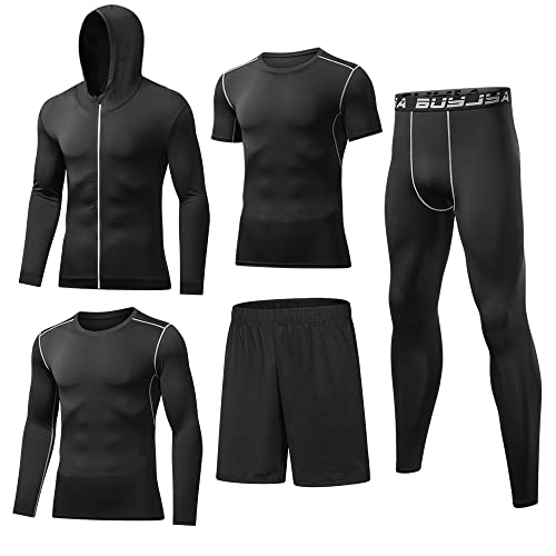 BUYJYA 5Pcs Men’s Compression Pants Shirt Top Long Sleeve Jacket Athletic Sets Gym Clothing Mens Workout