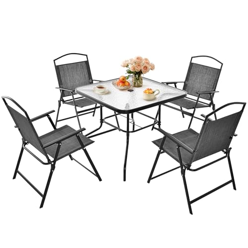 GIANTEX Ensemble de salle à manger de patio 5 pièces, Mobilier Exterieur, Chaises pliantes et table en plateau de verre avec trou pour parasol, Table de structure en métal pour terrasse, jardin